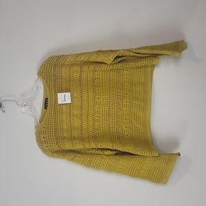 CENY Mustard Yellow Gold Open Weave Bell Sleeve Cropped Sweater